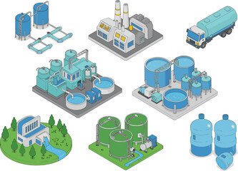 Water treatment plant icons set, industrial purification process, clean water production, environmental infrastructure, filtration system, vector isometric illustration