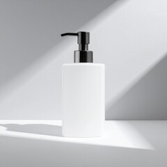 White Rectangular Bottle with Black Pump Dispenser on Clean Gray Background