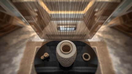 Elegant interior design featuring a textured vase atop a circular table with soft lighting