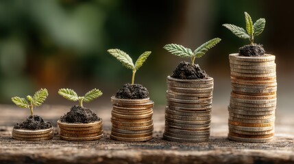 Striking Image of Stack of Coins with Sprouting Investment Plants, Perfect for Financial Campaigns and Relaxationfocused Projects.