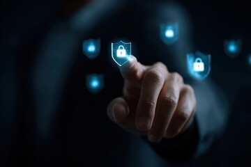 A hand interacting with digital security icons