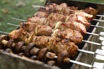 Marinated shashlik preparing on a barbecue grill over charcoal. Shashlik or Shish kebab.