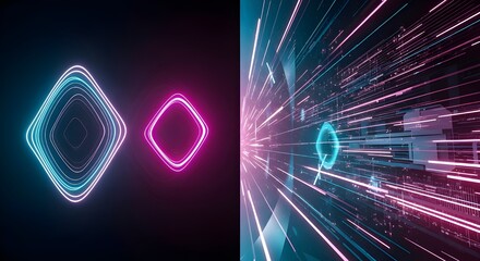 Futuristic neon digital interface concept with glowing shapes and high-speed data streams in pink and cyan colors, abstract cyber background split-screen design