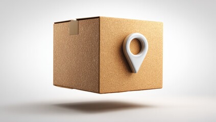 Beige cardboard box with a white map pin