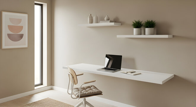 A minimalist home office setup featuring a floating white desk with a laptop and a chair.