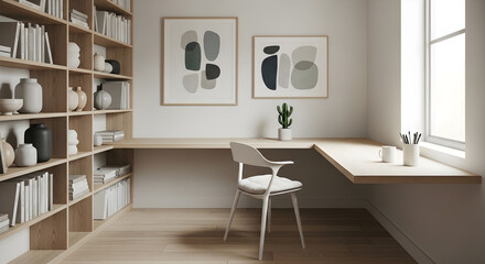 A bright and airy home office with a large wooden bookshelf and a minimalist desk by the window.