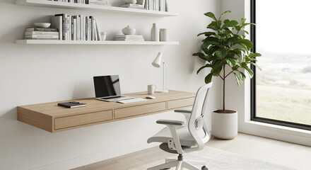 A minimalist home office setup featuring a floating wooden desk with a laptop and a white ergonomic chair.