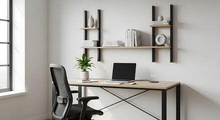 A modern home office setup with a desk, chair, laptop, and shelves.