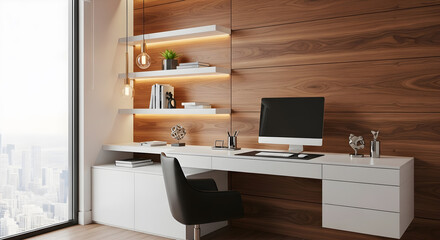 Modern home office with a large window, built-in shelving, and a wooden accent wall.