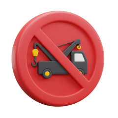 Red circular prohibition sign with tow truck icon showing no towing allowed isolated on transparent background