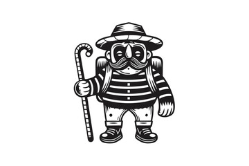 Cartoon character wearing a hat with a mustache holding a cane stands confidently