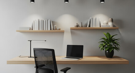 A minimalist home office setup featuring a floating desk with a laptop and a chair, complemented by wall shelves and a window.