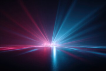 Obraz premium Neon light beams radiate from a central point on a dark surface