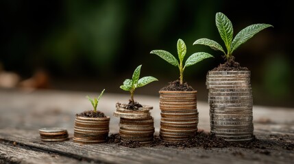 Vibrant Stack of Coins with Sprouting Seedlings Financial Growth Regrowth, Perfect for Business Campaigns and Motivational Content.