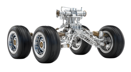 A complex landing gear mechanism with six wheels against a white background view from below