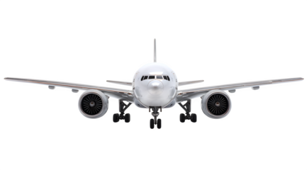 Front view of a white airplane with visible engines and landing gear on a white background plain studio shot