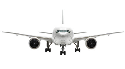A frontal view of a white airplane with wings and engines isolated on a white background space for text