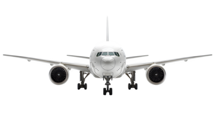 A frontal view of a white airplane with wings and engines isolated on a white background space for text