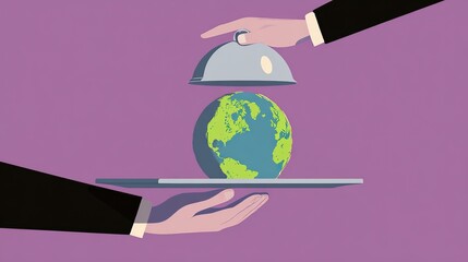 Colorful flat illustration of hands lifting silver bell jar to reveal Earth globe on purple background, minimalist design symbolizing sustainability and global issues
