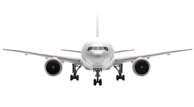 A frontal view of a white airplane with wings and engines isolated on a white background space for text