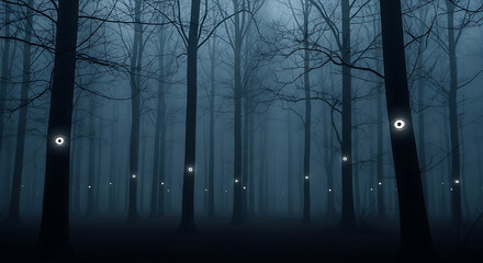 Fototapeta premium Supernatural glowing orbs watch from silhouetted trees in a haunted, misty blue forest for a mysterious fantasy scene