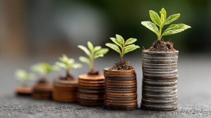 Stunning Stacks of Coins with Growing Plants A Symbol of Investment, Growth, and Nature for Creative Projects, Inspiring Tranquility and Innovation.