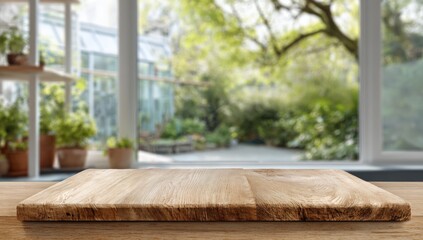 Wooden tabletop in front of a blurred garden view