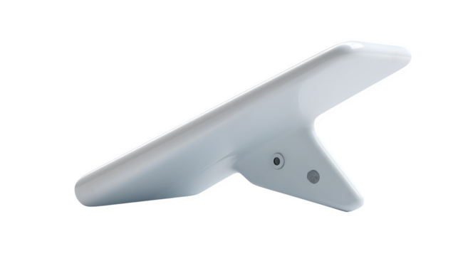 Angled view of a white plastic object with two circular indentations against white background