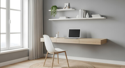 A minimalist home office setup featuring a floating wooden desk with a laptop and a white chair, complemented by wall shelves and a large window.