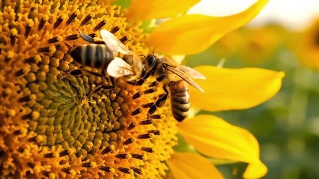 Two bees sharing nectar on pink blossoms, wings shimmering as they represent cooperation, pollination, and the beauty of biodiversity sustaining both wild habitats and agricultural ecosystems across t