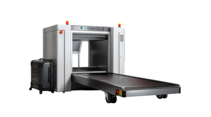 A luggage scanner machine with a suitcase next to it against a white background in a studio shot