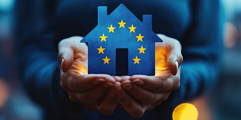
Protective hands cradling European Union flag-decorated house symbol with glow.