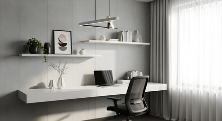 A minimalist home office setup featuring a sleek white desk with a laptop and a modern office chair, complemented by floating shelves and natural light from a large window.