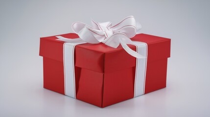 Fototapeta premium Red gift box with white ribbon and bow, centered product shot on clean background.