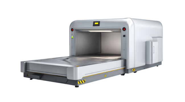 A security scanner machine with conveyor belt isolated on a white background in a studio shot