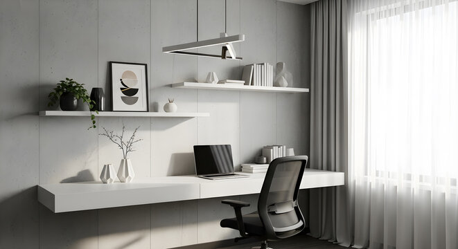 A minimalist home office setup featuring a sleek white desk with a laptop and a modern office chair, complemented by floating shelves and natural light from a large window.