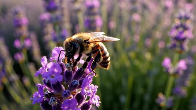 A honeybee on a lavender bloom, wings spread as it collects nectar. The purple hues emphasize the beauty of pollination.