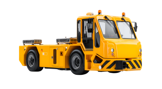A yellow aircraft tow tractor is shown against a white background in a studio shot image view