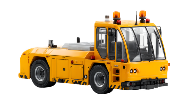 A bright yellow aircraft towing tractor with lights on top against a white background image view