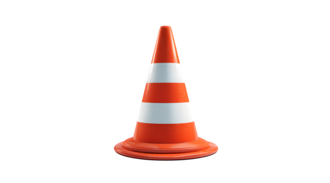 A single traffic cone with orange and white stripes isolated on a white background in the center