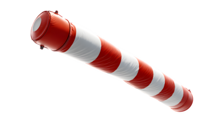 A red and white striped windsock against a white background in a diagonal orientation