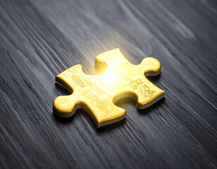 Fototapeta premium Golden puzzle piece illuminated on dark wood surface texture