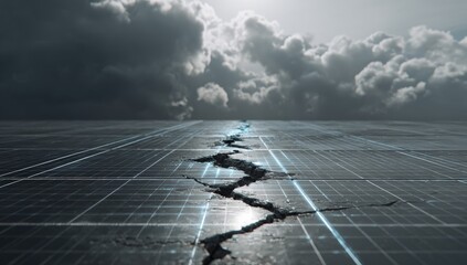 A fractured solar panel field under a stormy sky