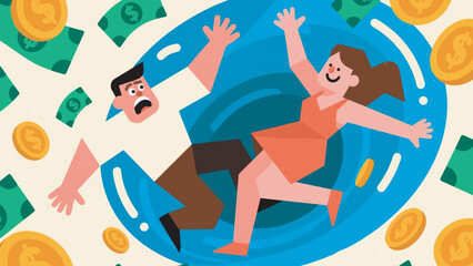 illustration of a man and woman falling surrounded by money and coins vector design template