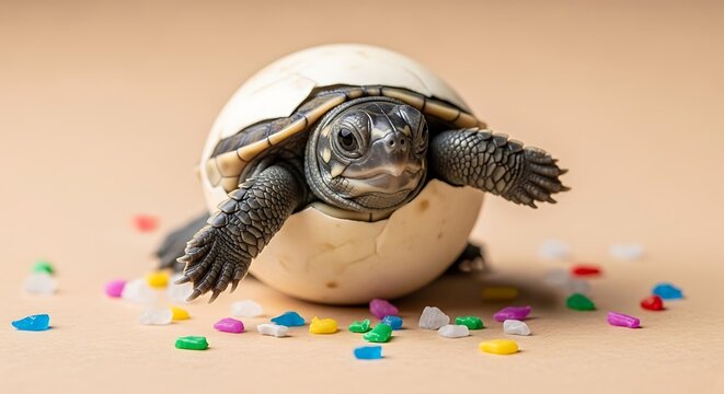 A tiny turtle emerges from its shell, nestled within a cracked egg, surrounded by colorful decorative stones.