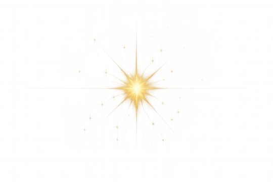 Golden light effect star bursting with sparkles, creating a dazzling display on a transparent background, radiating magic and beauty