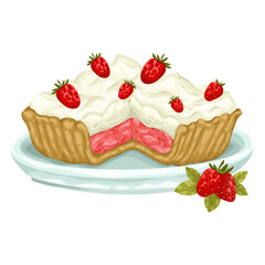 A delectable hand-drawn vector illustration of a strawberry tart with a cut-out slice revealing the filling. The tart is topped with generous dollops of cream and fresh strawberries