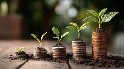 Three Stacked Coins with Vibrant Growing Plants Symbolizing Financial Growth and Natures Renewal Perfect for Business, Marketing, and Lifestyle Projects, Inspiring Innovation and Harmony.