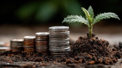 Striking Visual Metaphor of Financial Growth and Regeneration A Towering Pile of Coins with a Sprouting Plant, Perfect for Inspiring Confidence in Investment Opportunities and Encouraging.