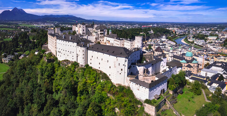 Austria travel and landmarks. majestic Hohensalzburg fortress aerial drone view of old town Salzburg and castle. Austrian tourism